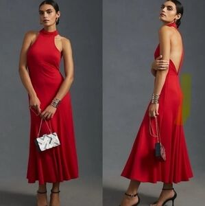 Anthropologie Maeve Red Halter Neck Maxi Dress Size M